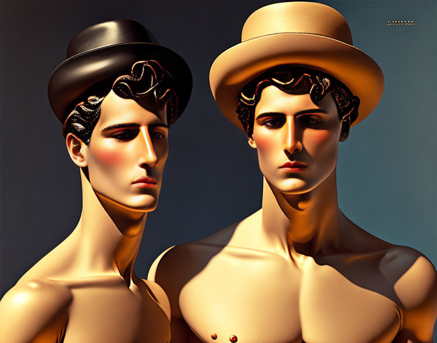 Glossy mannequin heads with vintage hats on neutral backdrop