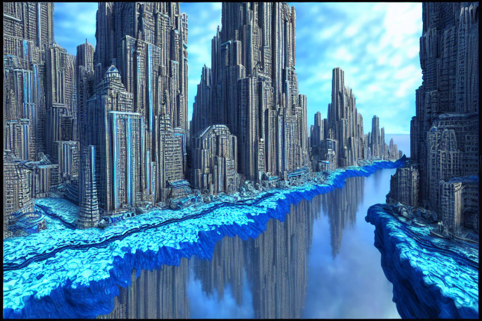 Futuristic cityscape with tall skyscrapers and glowing blue river