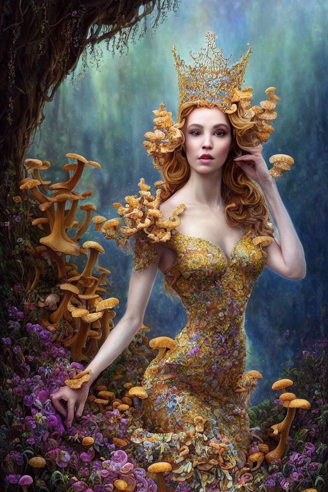 Woman in nature-inspired dress with mushroom and floral designs in magical forest