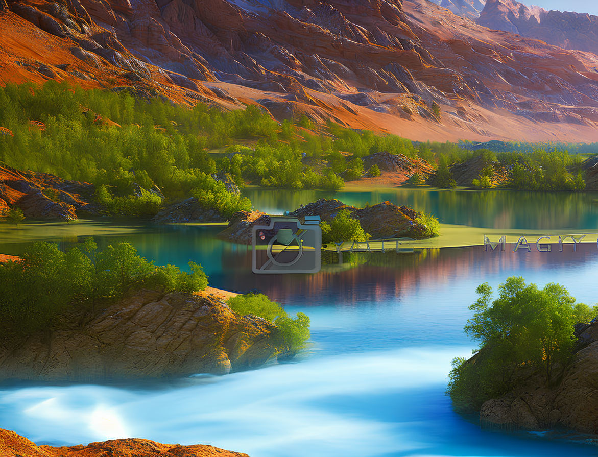 Scenic landscape: turquoise river, rocky terrain, lush greenery, clear blue sky