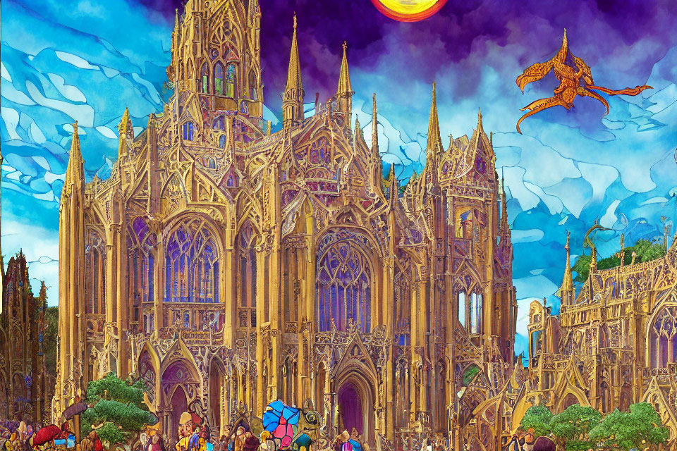 Fantastical cathedral with vibrant crowd, dragon, and surreal sun.