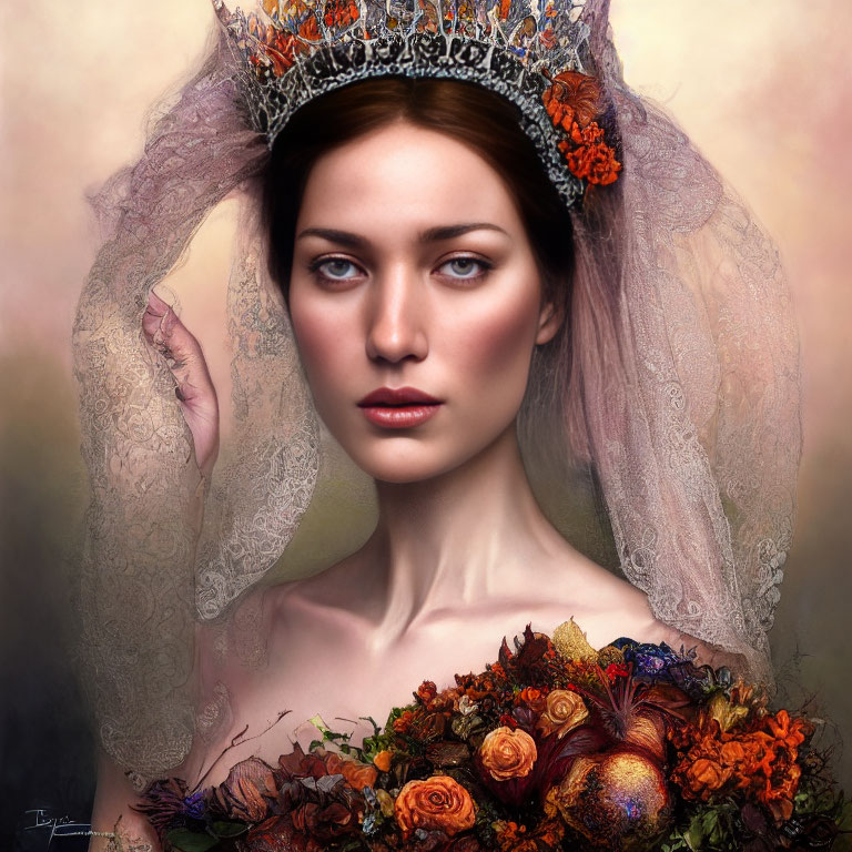 Portrait of woman with floral crown and bouquet in warm tones and lace veil details