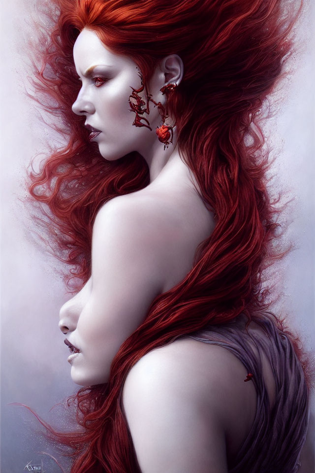 Digital artwork: Woman with red hair, fair skin, intricate ear jewelry, and small dragon on shoulder