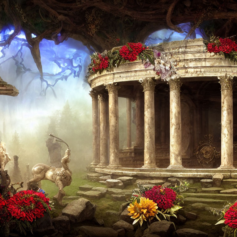 Ancient circular temple with red flowers in misty forest