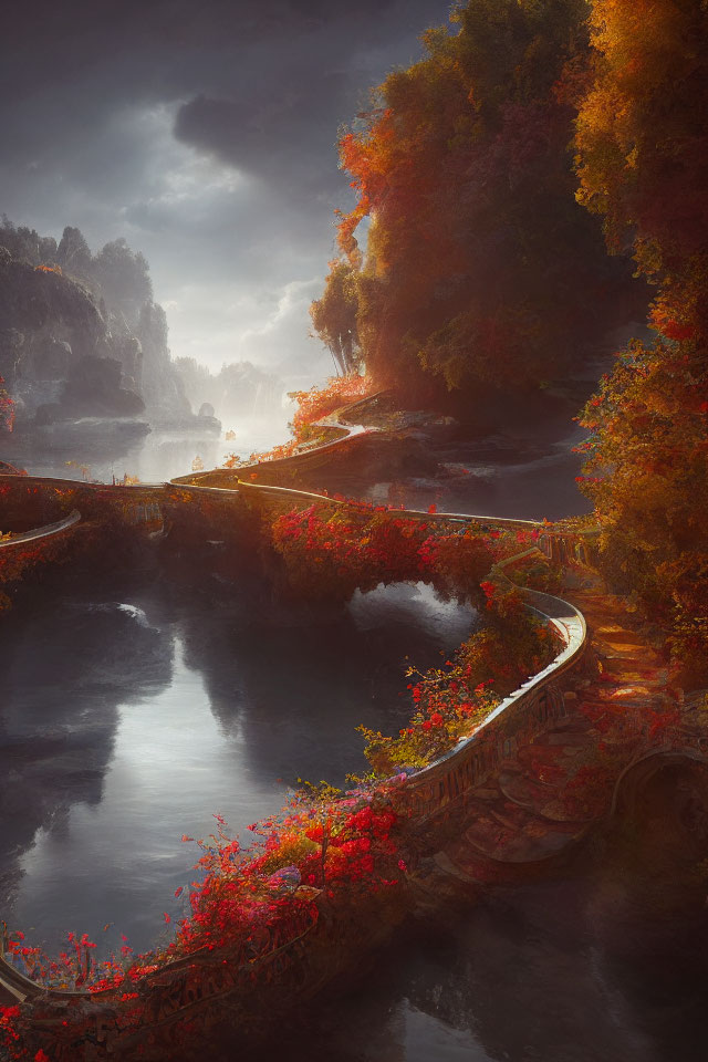 Tranquil river and autumn foliage in serene scene