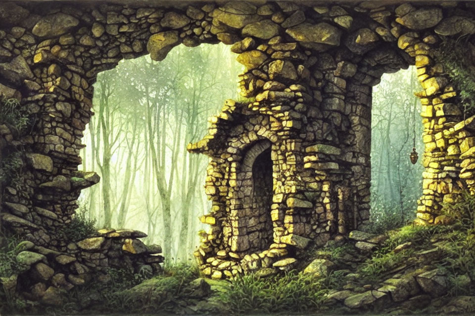 Enchanted forest painting with overgrown stone archway and ruins