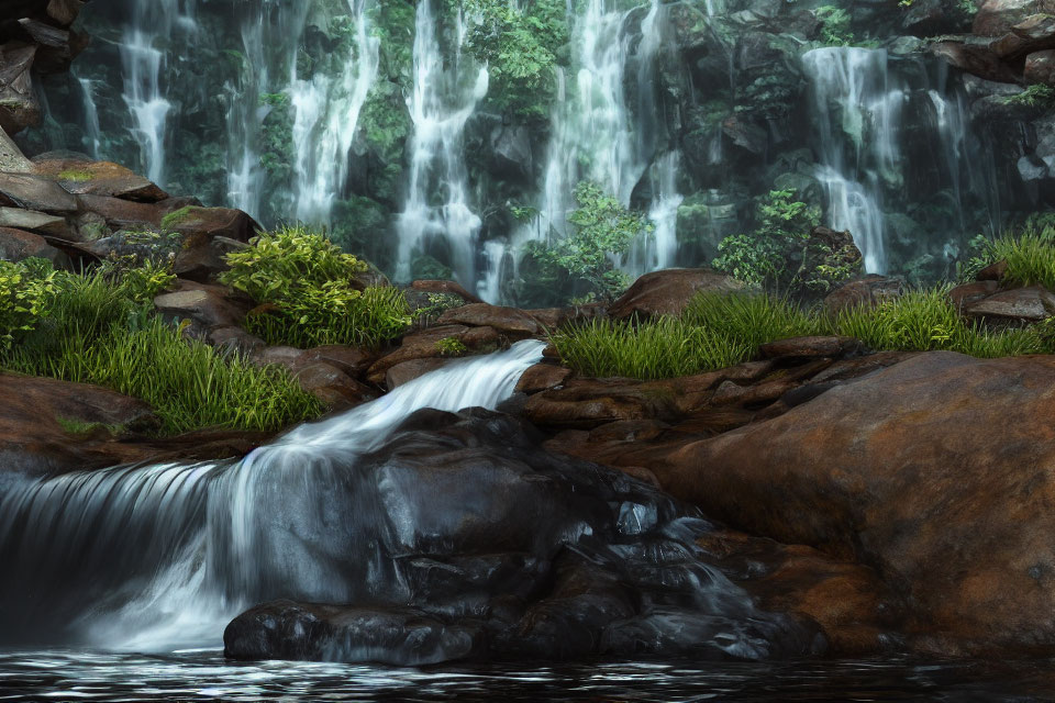 Tranquil pool with cascading waterfalls and lush greenery
