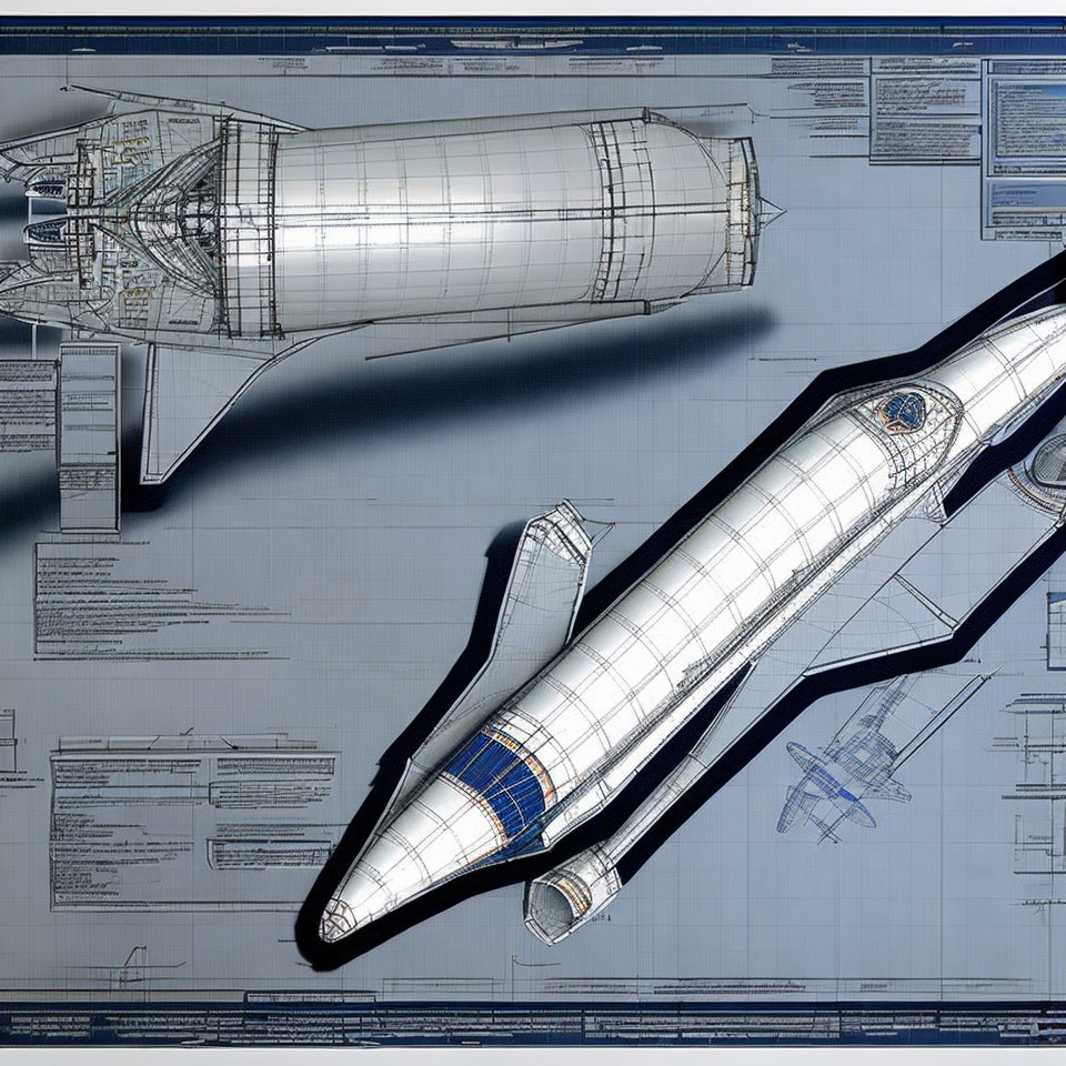 Rocket Blueprint Design with Side and Cross-Sectional Views on Blue Background