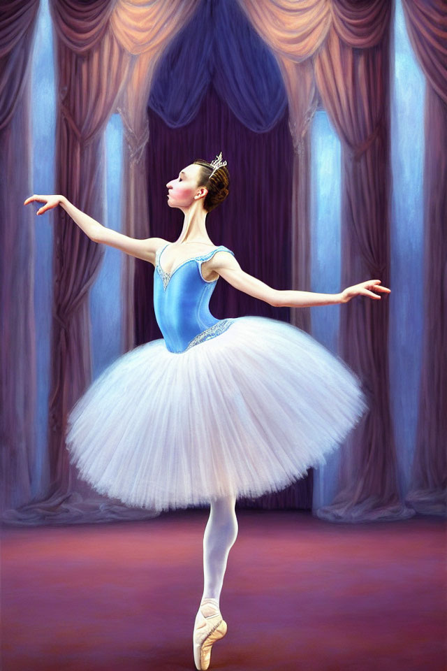 Ballerina in Blue Tutu on Pointe Against Theatre Curtains