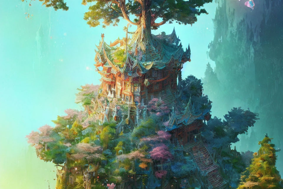 Mystical tree with embedded houses in lush foliage and misty cliffs