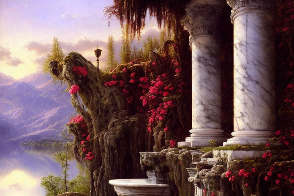 Tranquil landscape with marble columns and red flowers overlooking lake