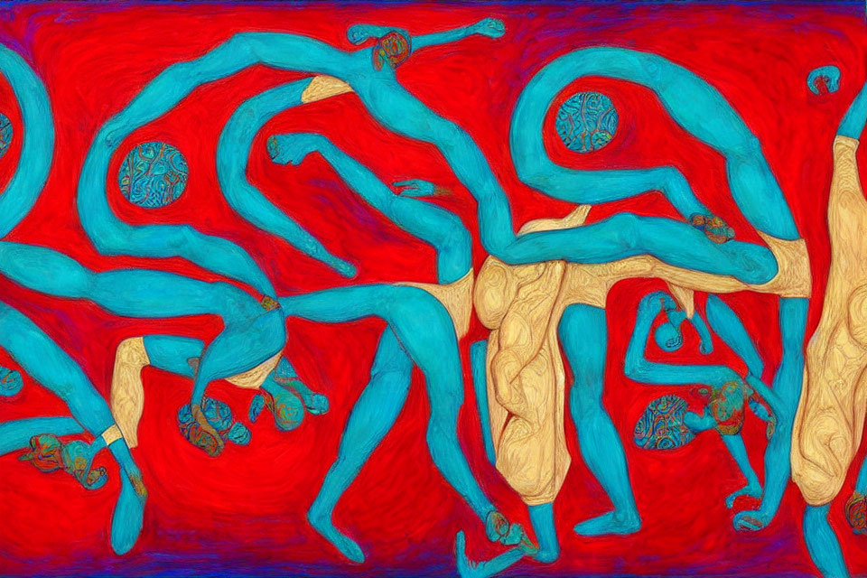 Vivid Abstract Painting: Blue and Gold Figures on Red Background