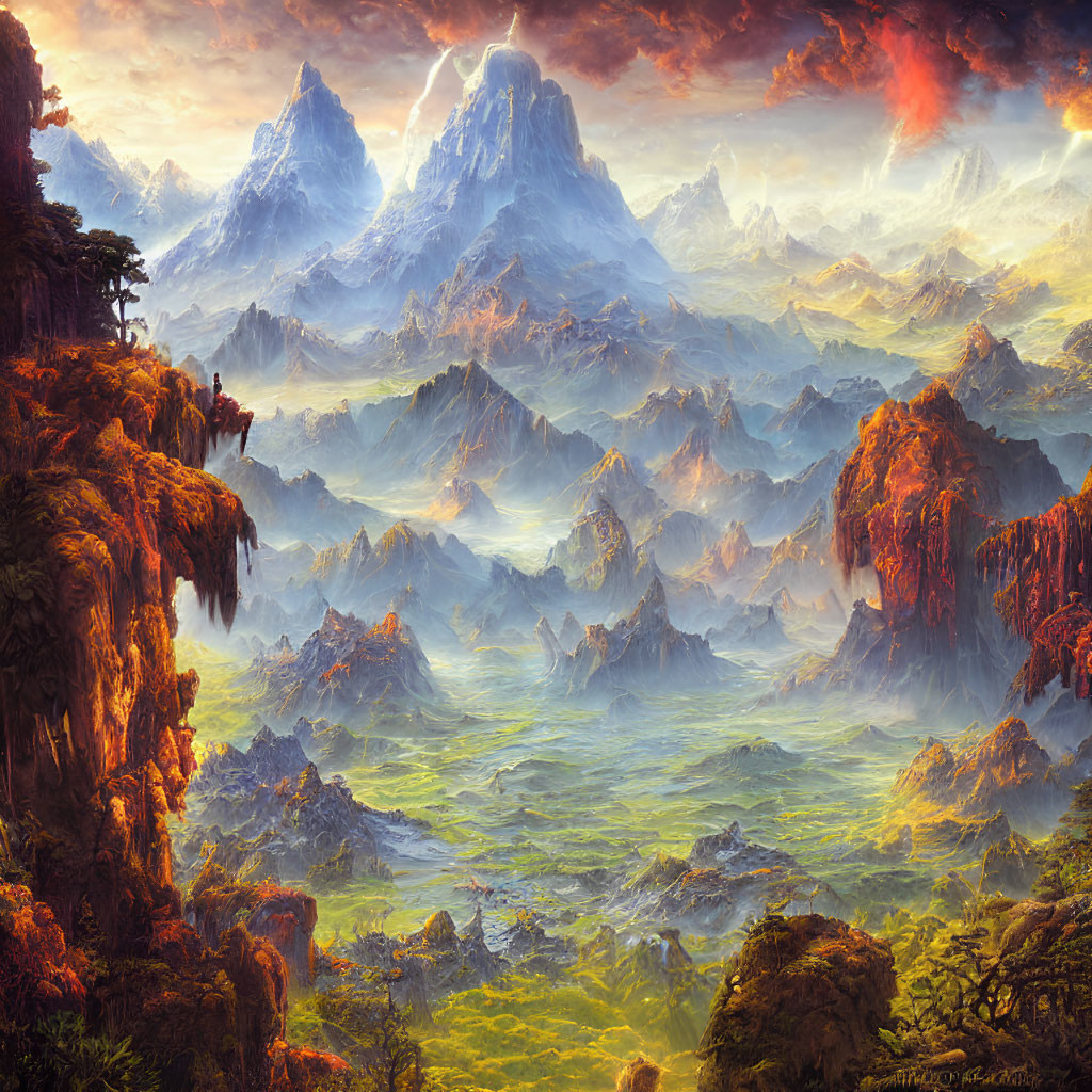 Majestic mountains, glowing skies, and lush valley from a cliff