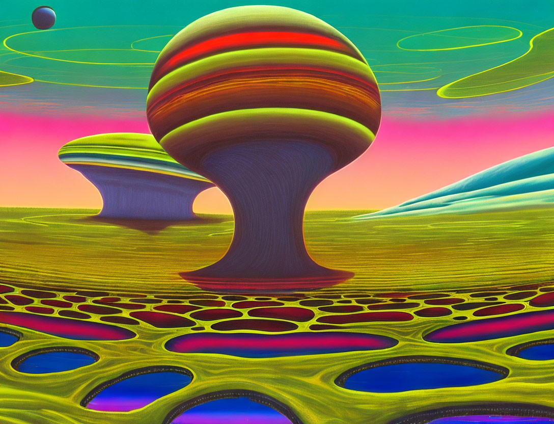 Colorful surreal landscape with striped structures, green land, and multicolored sky.