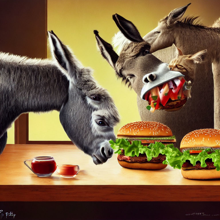 Cartoon donkeys eating hamburger at table with ketchup