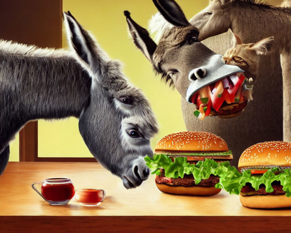 Cartoon donkeys eating hamburger at table with ketchup