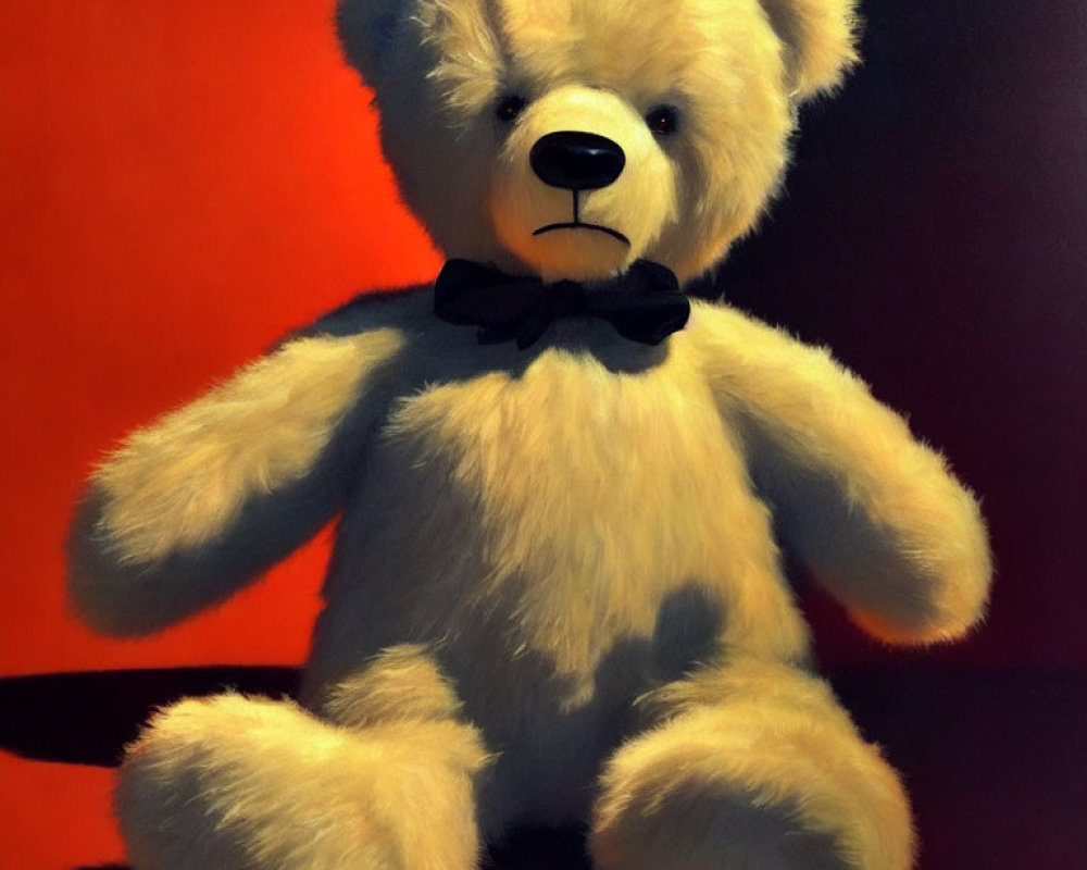 Soft plush teddy bear with bow tie on red-orange backdrop