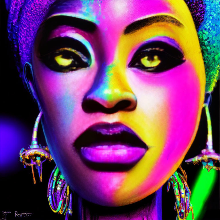 Colorful Woman Portrait with Striking Makeup and Decorative Earrings