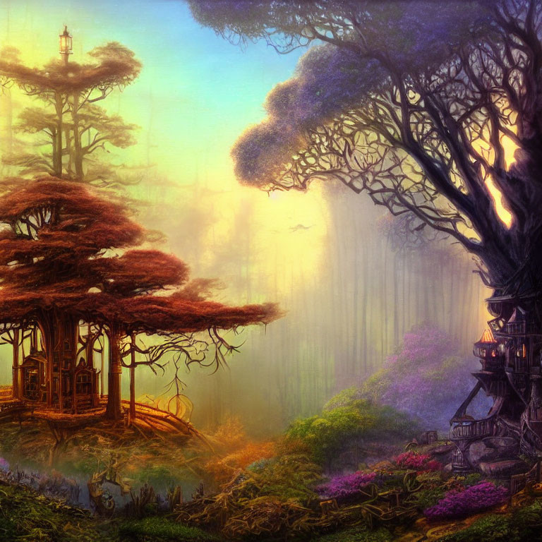 Vibrant mystical forest with tree houses, soft light, warm and cool colors
