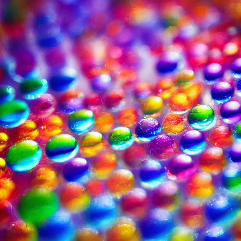 Vibrant water beads with bokeh effect in colorful mosaic