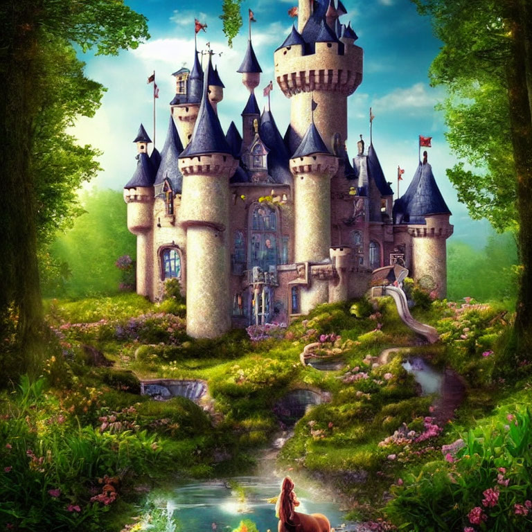 Fairytale castle in lush greenery with vibrant flowers and a tranquil stream