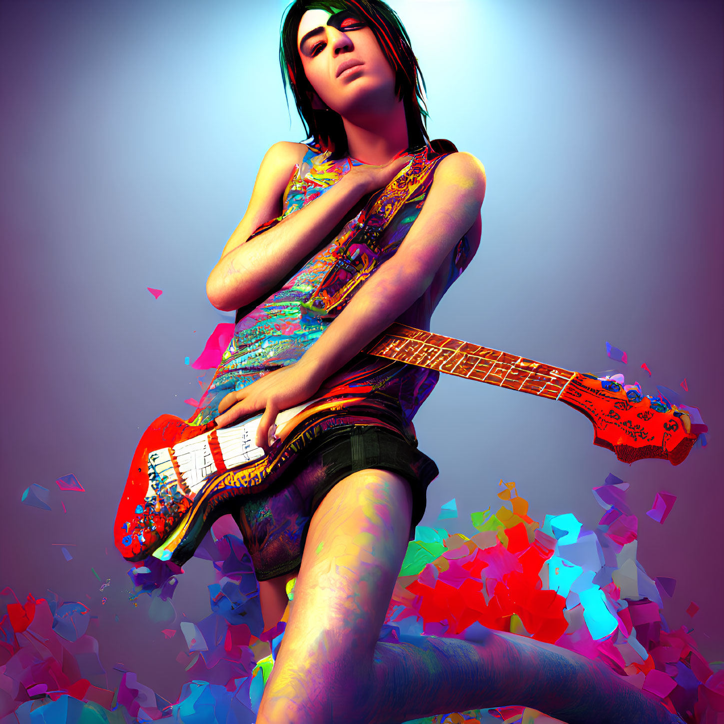 Colorful electric guitar with shattered geometric shapes on purple gradient background