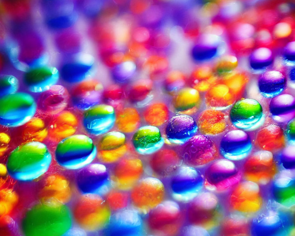 Vibrant water beads with bokeh effect in colorful mosaic