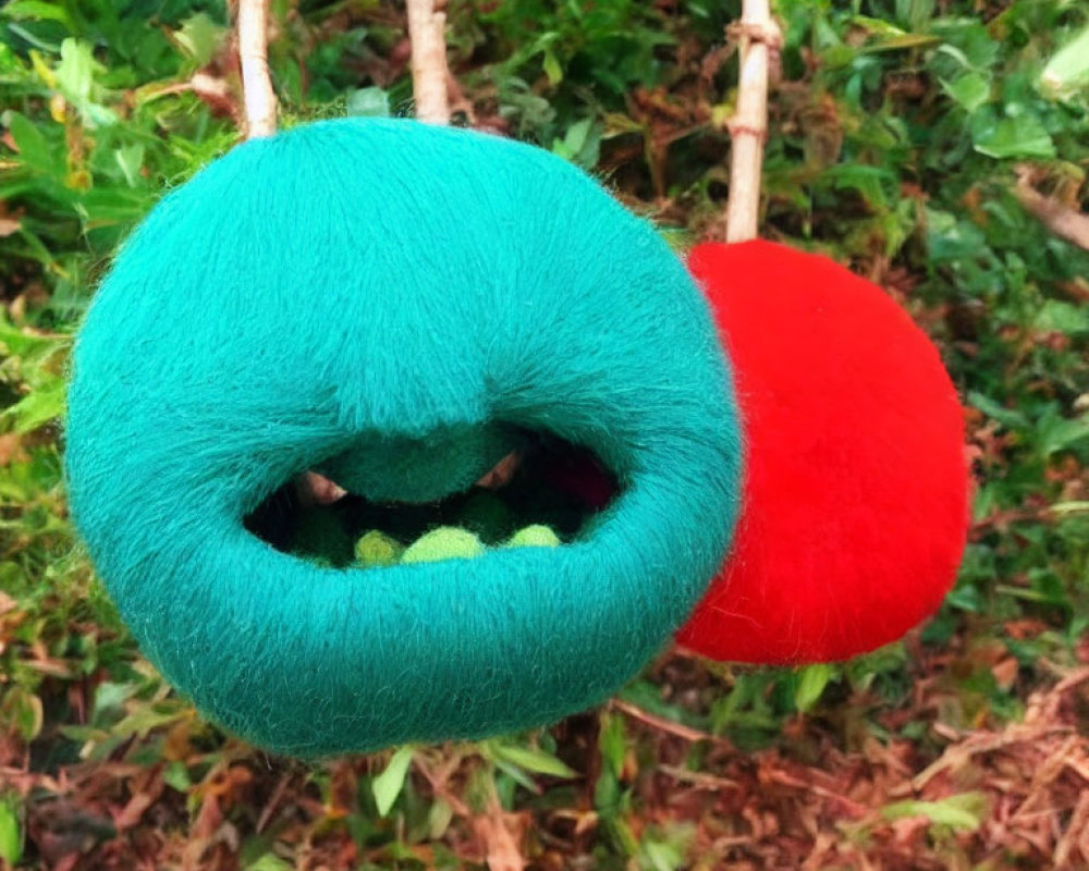 Colorful Hanging Fuzzy Objects: Green Mouth Shape & Red, Amid Green Foliage