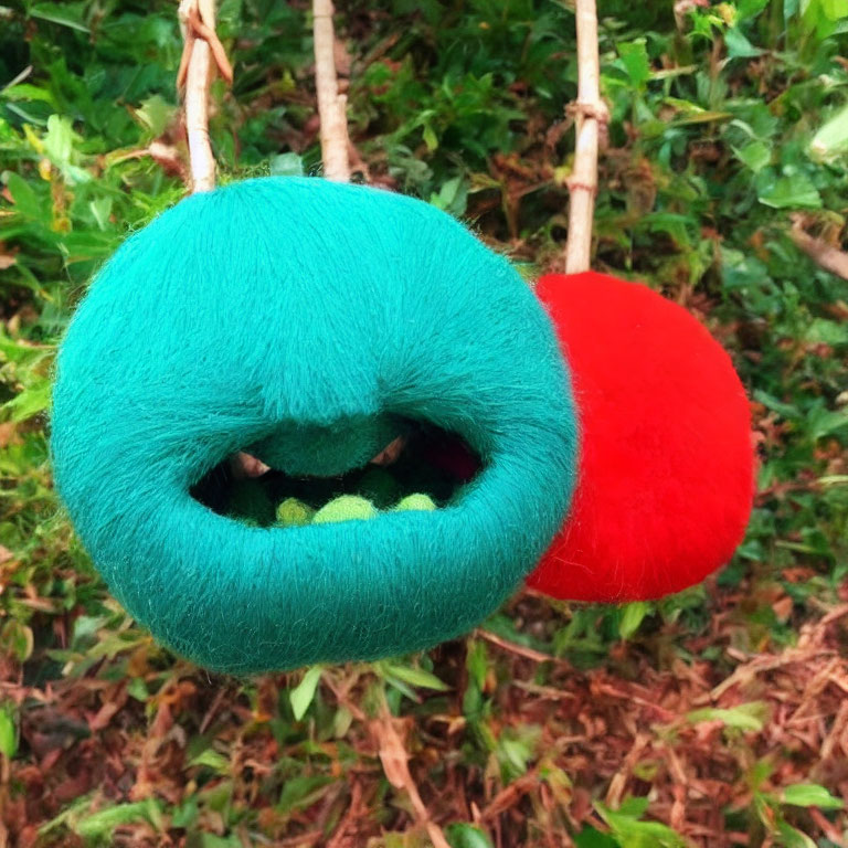 Colorful Hanging Fuzzy Objects: Green Mouth Shape & Red, Amid Green Foliage
