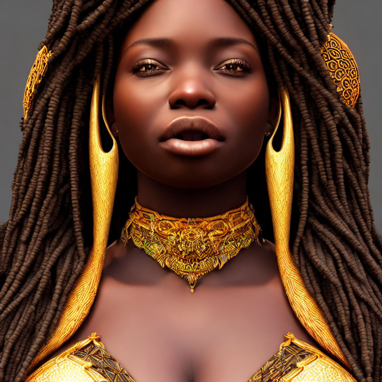 Person with Adorned Braids, Golden Earrings, and Ornate Necklace on Gray Background