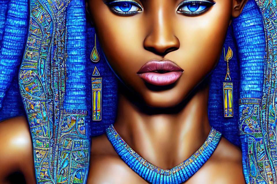 Digital artwork: Woman with blue eyes in Egyptian-style jewelry & headdress.