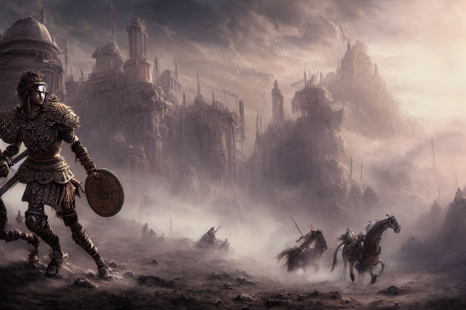 Armored warrior on desolate battlefield with charging horses and misty fortress city