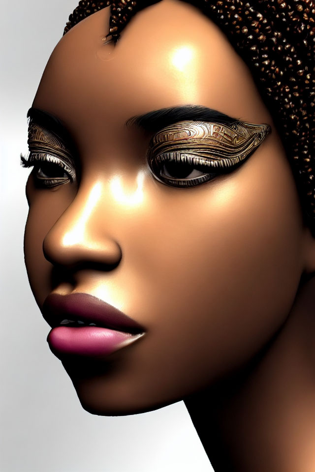 Vibrant 3D Woman's Face with Golden Eye Makeup