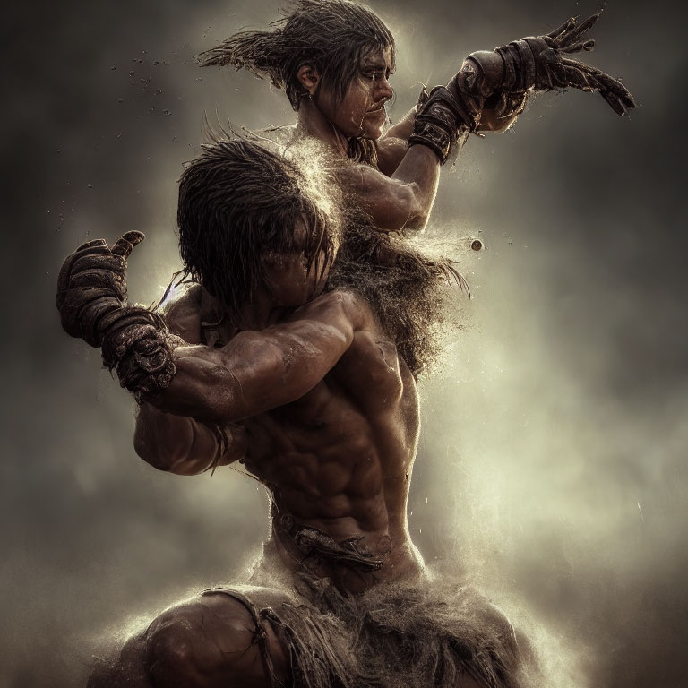 Muscular warriors in tribal attire fight in misty setting