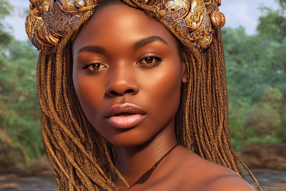 Intricately braided hair woman with gold headpiece in nature portrait
