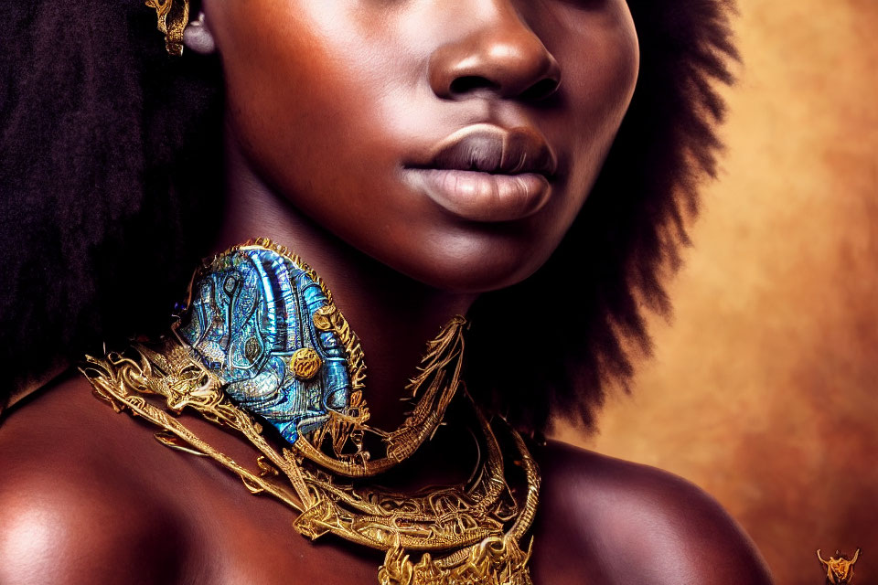 Close-up portrait of woman with dark skin in blue and gold necklace and jewelry on warm-toned backdrop