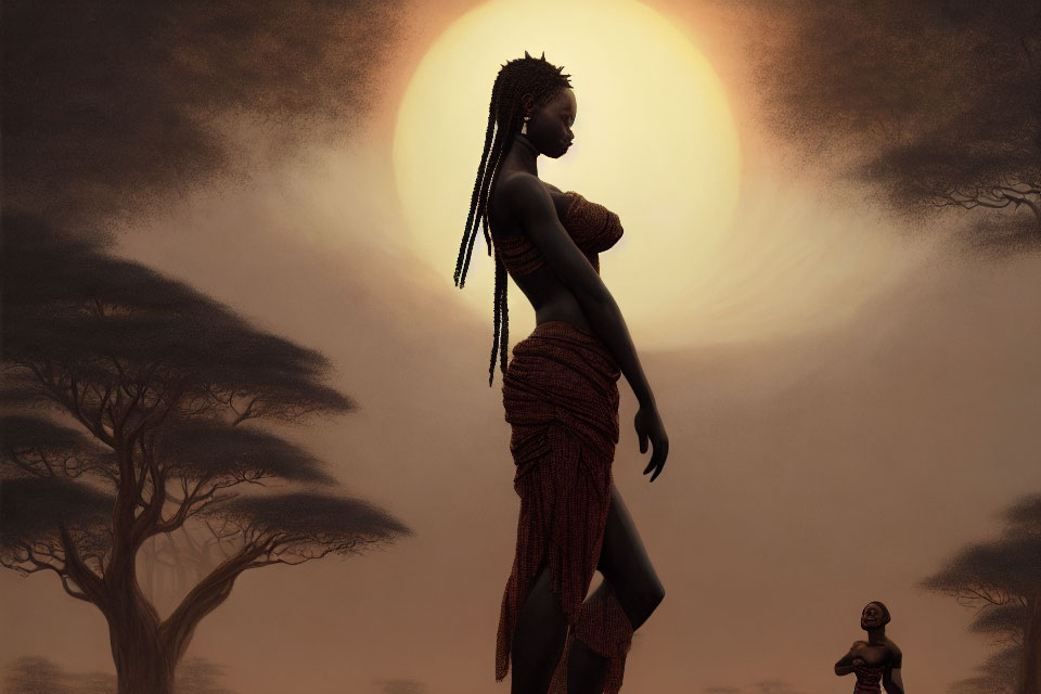 Silhouette of a person with braided hair in African savanna landscape
