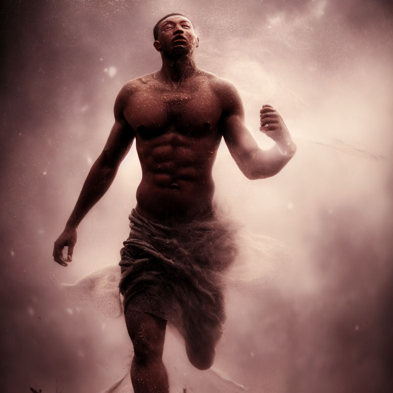 Muscular person running in misty background depicts strength and determination
