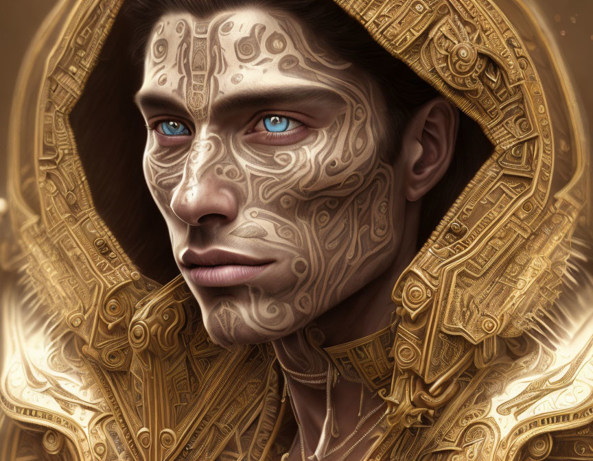 Digital artwork featuring person with golden skin patterns, blue eyes, and ornate hood.
