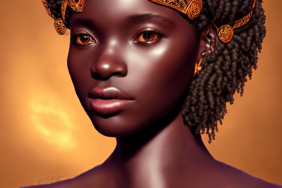Illustrated portrait of woman with dark skin and braided hair on warm background