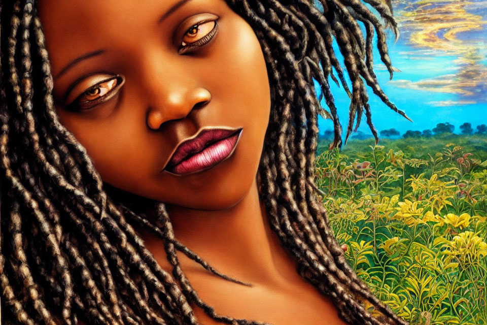 Illustration of woman with dreadlocks in vibrant sunset flora background