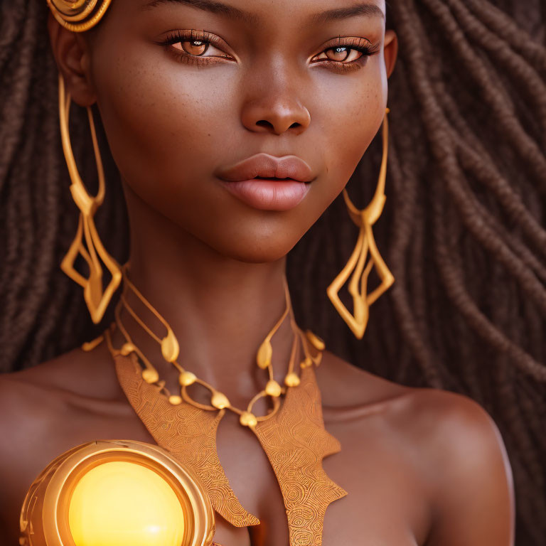 Portrait of woman with striking eyes and golden jewelry holding glowing orb