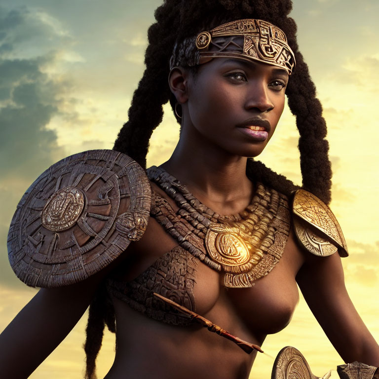 African-inspired woman in traditional attire with spear and shield at sunset