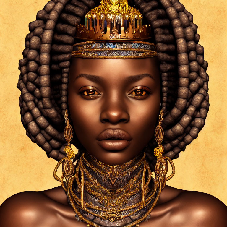 Regal woman with ornate crown and gold jewelry portrait.