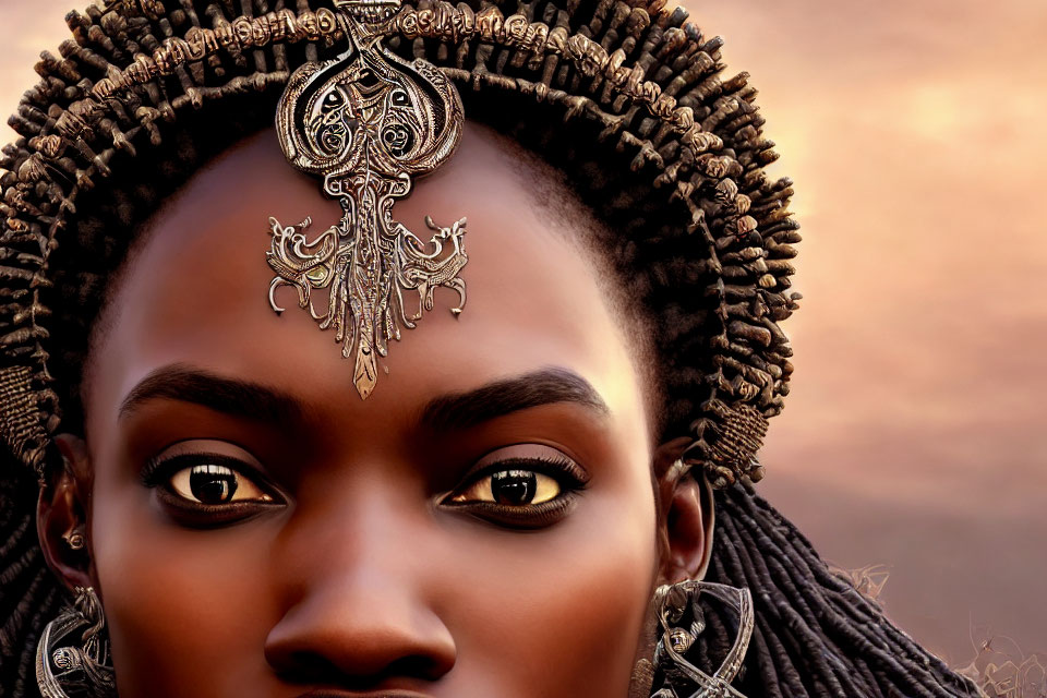 Detailed close-up of woman with braided hair in ornate sunset headpiece