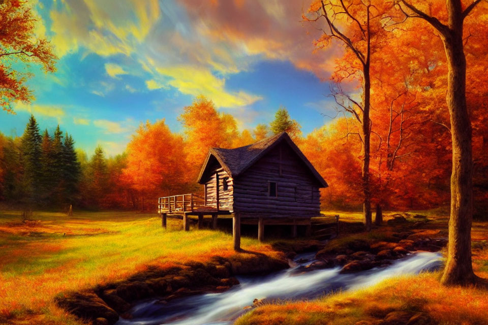 Rustic wooden cabin by stream in autumn forest with vibrant foliage