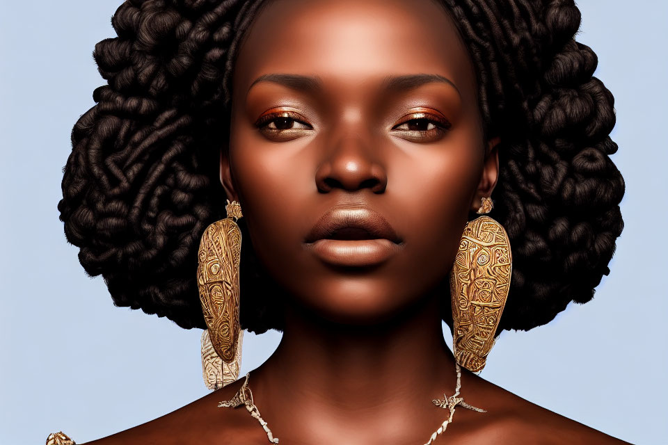 Portrait of woman with dark skin, gold earrings, textured hairstyle, blue background