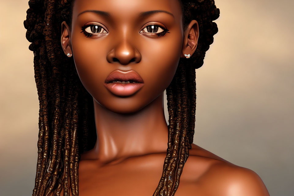 Detailed digital portrait of a woman with striking eyes and braided hair.
