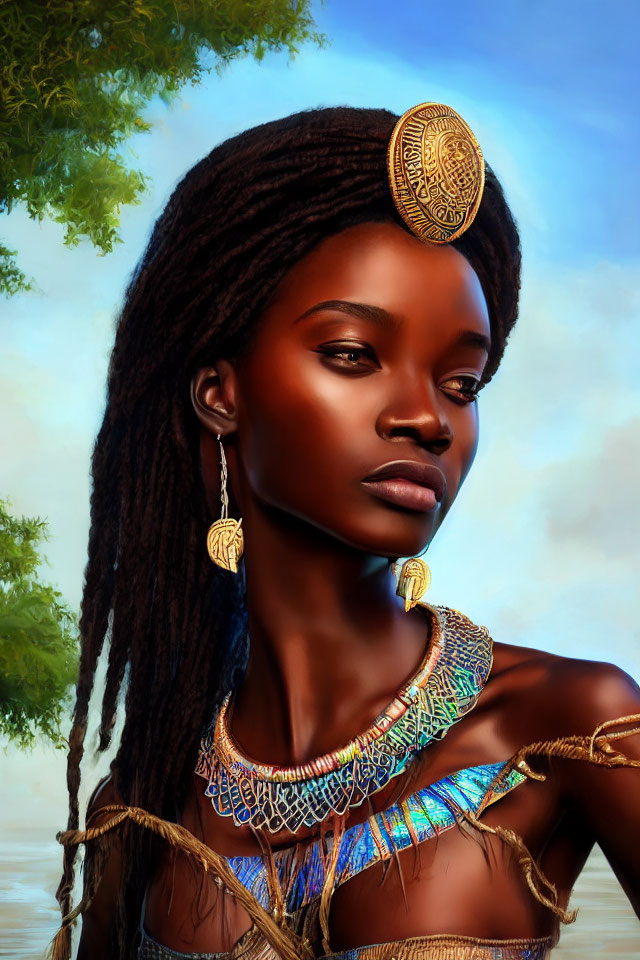 Illustrated portrait of a woman with braided hair and African-inspired jewelry under a soft sky