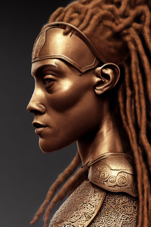 Bronze statue with dreadlocks and detailed armor on dark background